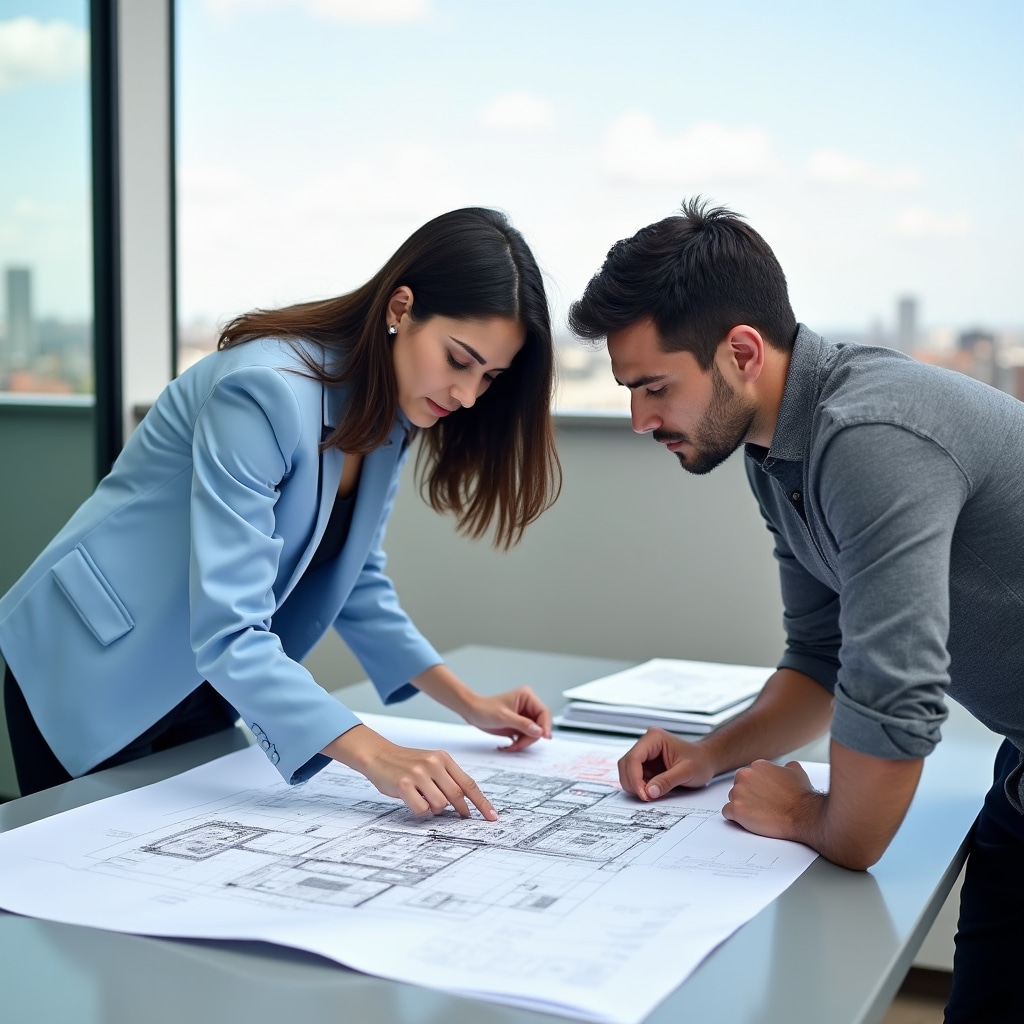 Architects reviewing construction blueprints and financing documents