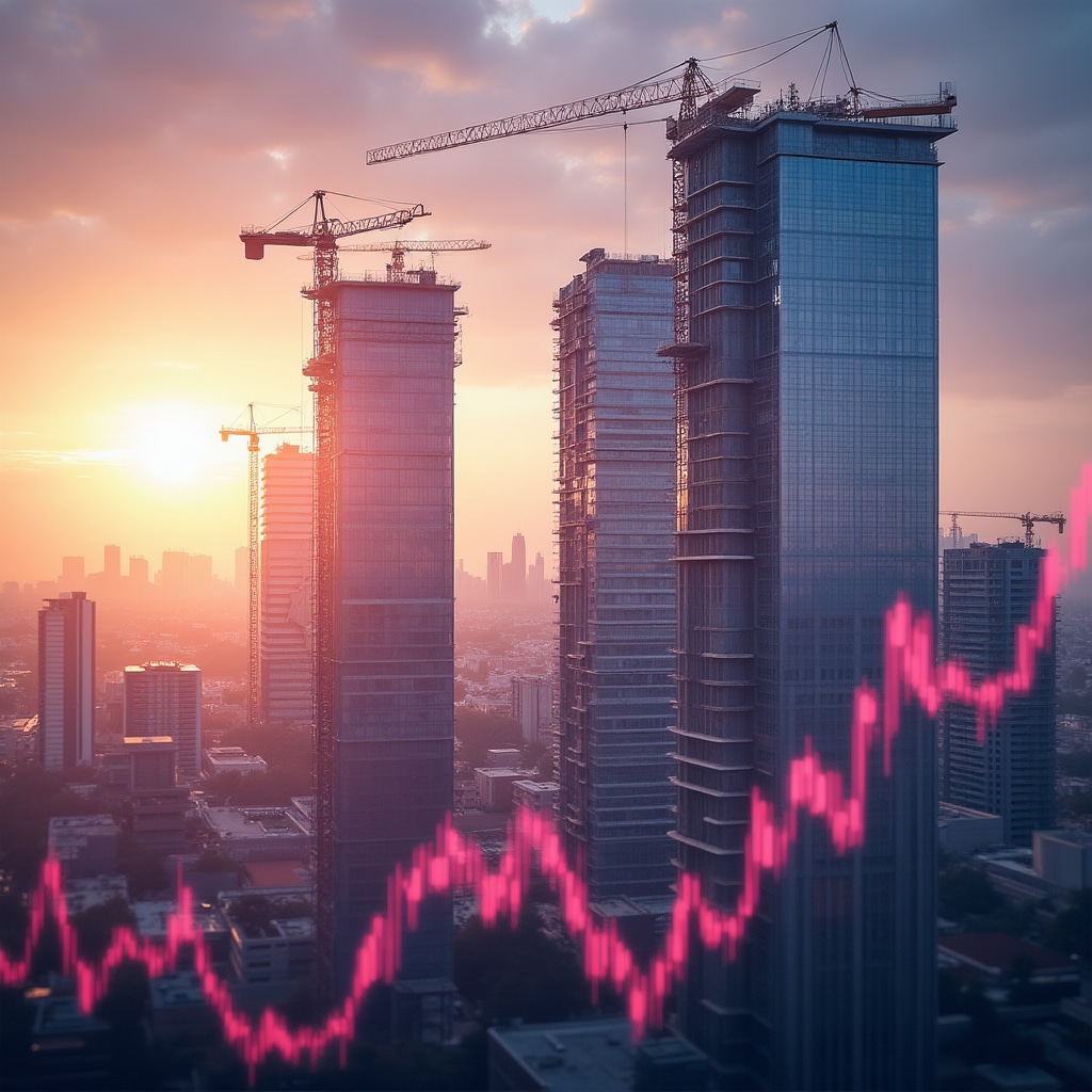 Modern construction project in Buenos Aires with financial charts overlay
