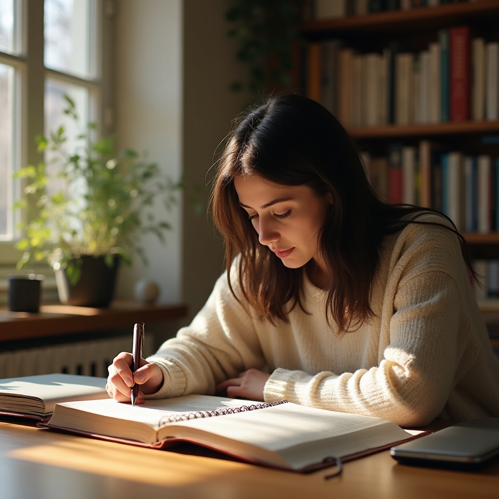 Researcher working independently at a clean desk with books and a laptop, focused expression