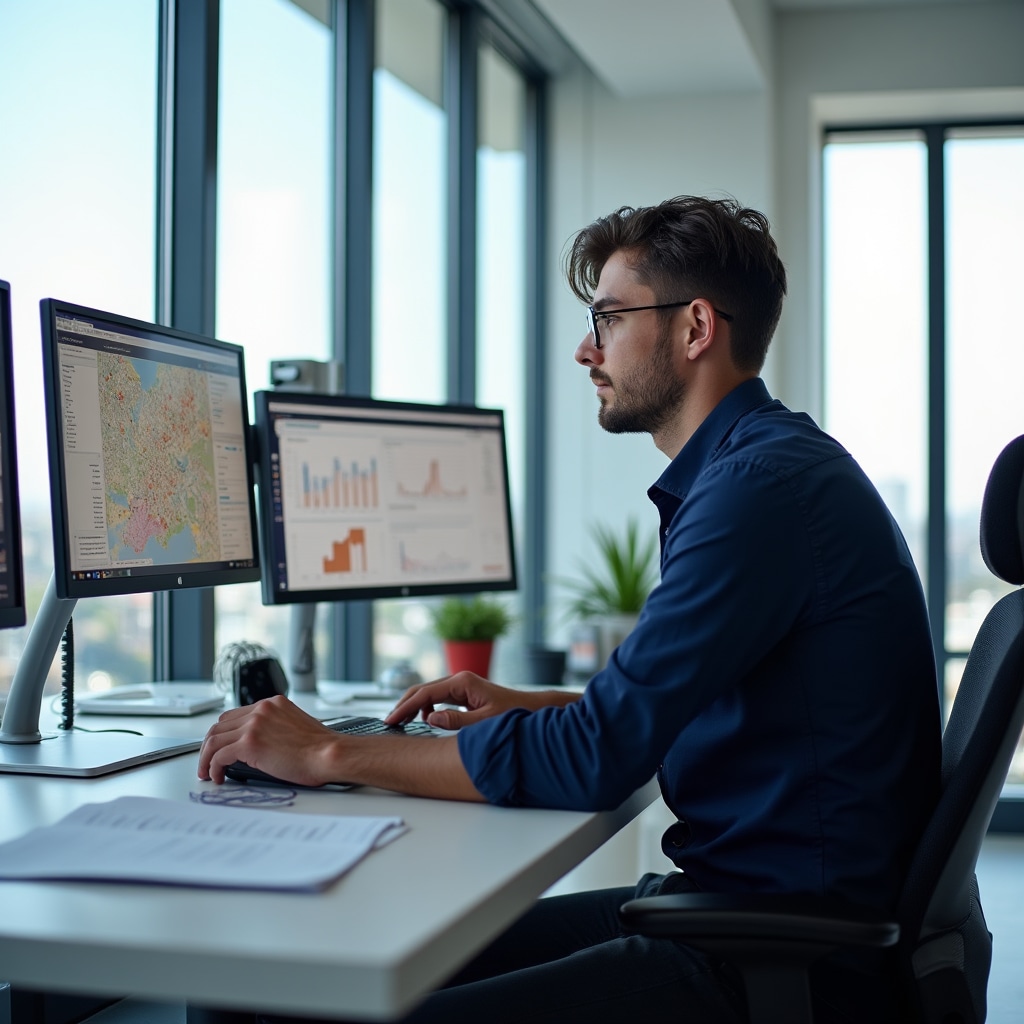 Professional reviewing real estate market data on multiple screens in a bright workspace