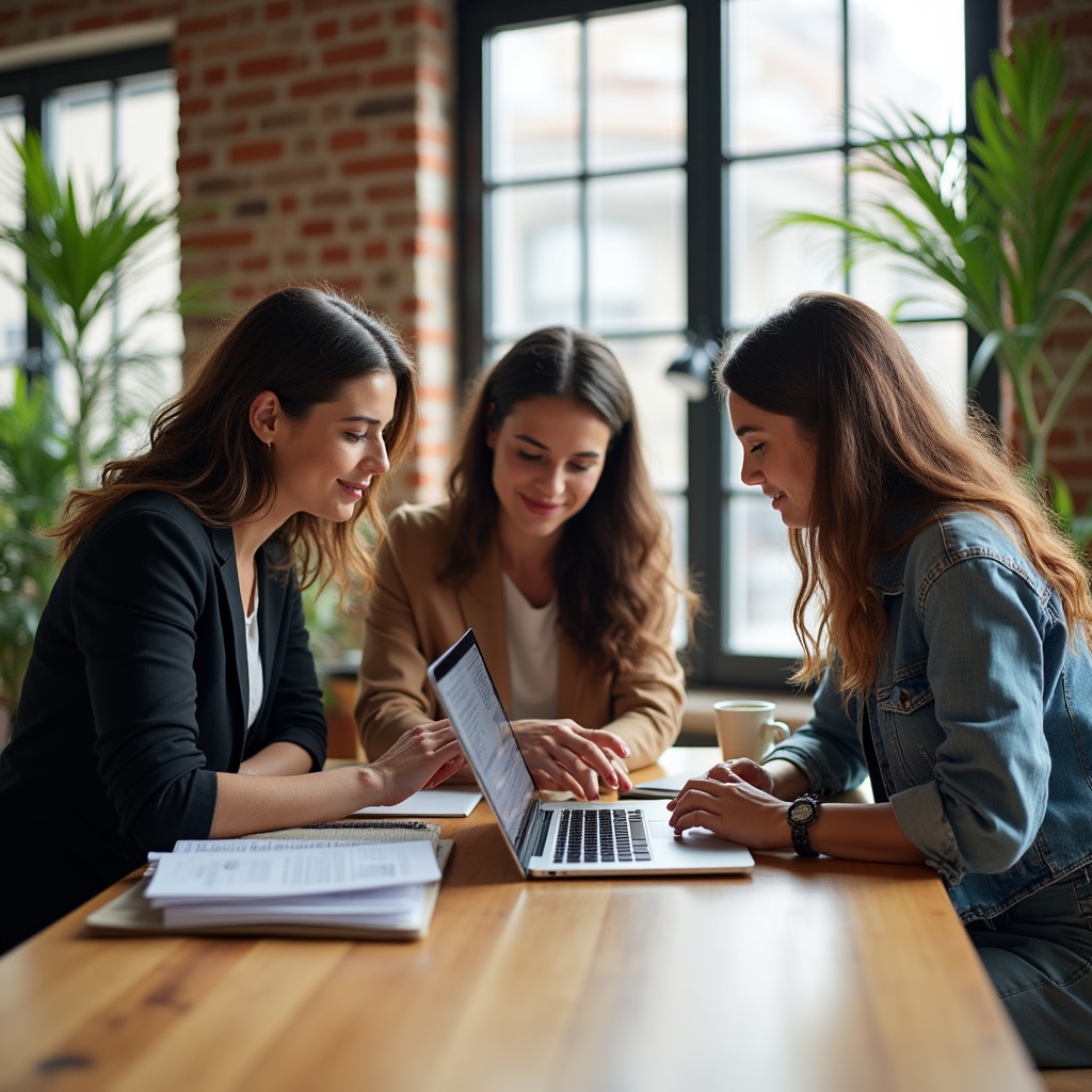 Small team working on educational content at a bright modern workspace in Buenos Aires